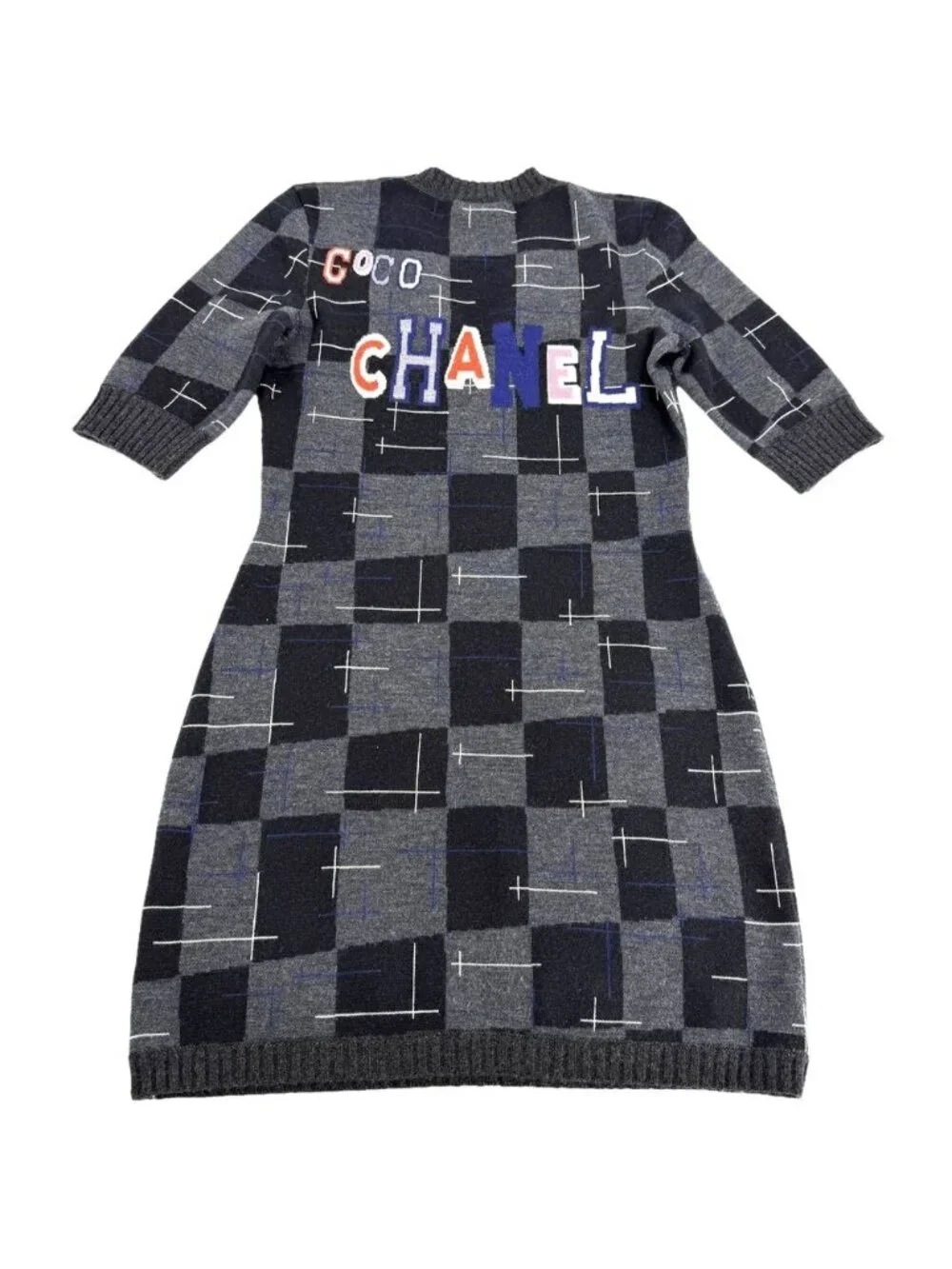 Chanel Dress Knit V-neck Check Black Gray Cashmere Wool Autumn Winter 34